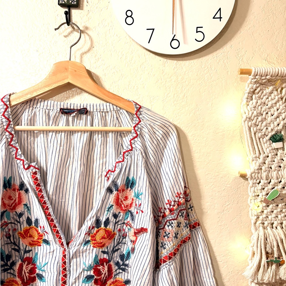 Johnny Was Blue and White Striped Embroidered Colorful Blouse - Picture 9 of 9